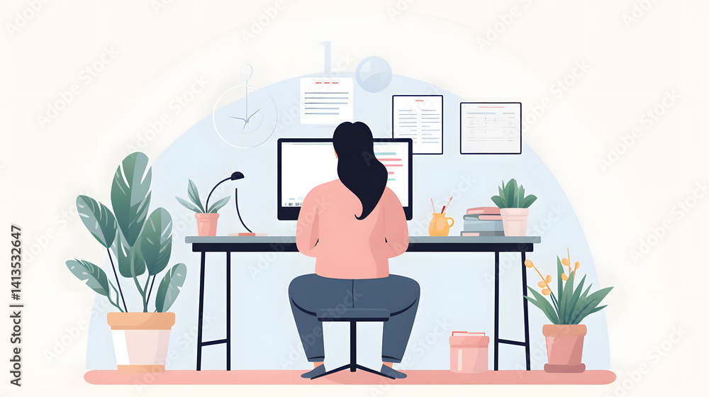 Fototapeta premium Professional girl sitting at desk with computer, watching online course or webinar