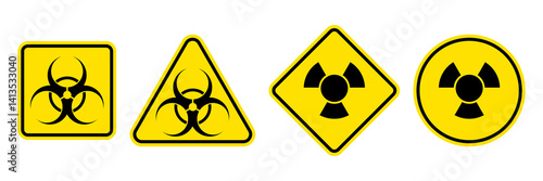 Biological hazard sign set. Biohazard Triangle yellow warning symbol. Substance. Concept of epidemic virus and quarantine for public health to protect from infections and outbreaks. Vector EPS