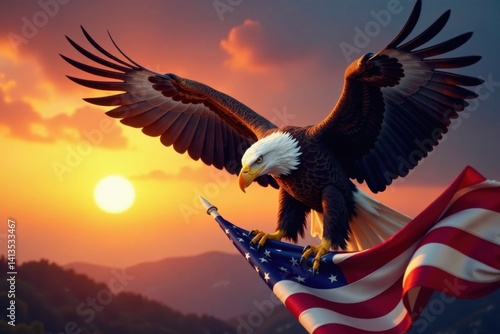 A majestic eagle grasping an American flag with its powerful beak and wings spread wide, set against a vibrant sunset background, sky, freedom, patriotic