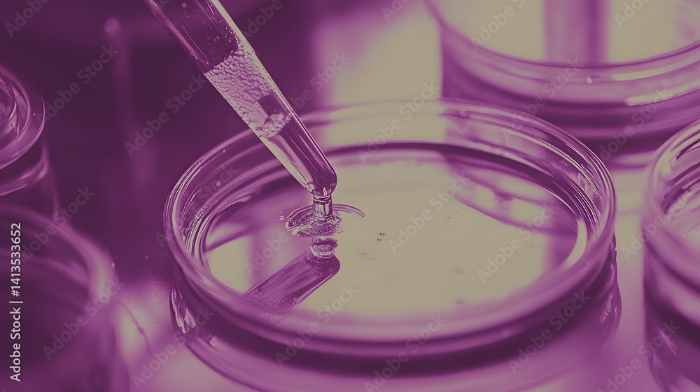 Closeup Purple Liquid Dropping Petri Dish Science Lab Research Closeup Purple Liquid Dropping Petri Dish Science Lab Research