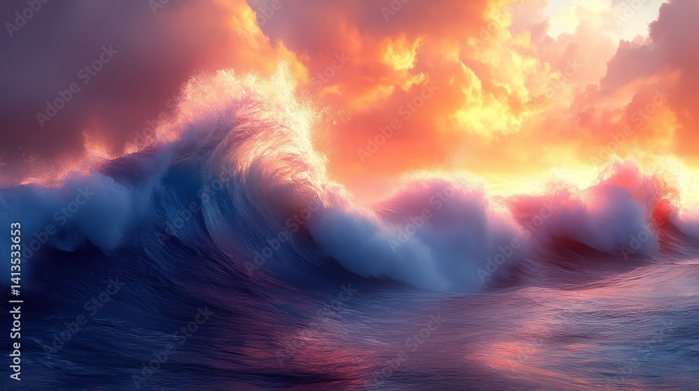 Obraz premium Sunset Ocean Waves Dramatic Sky and Sea Scene with Vibrant Colors