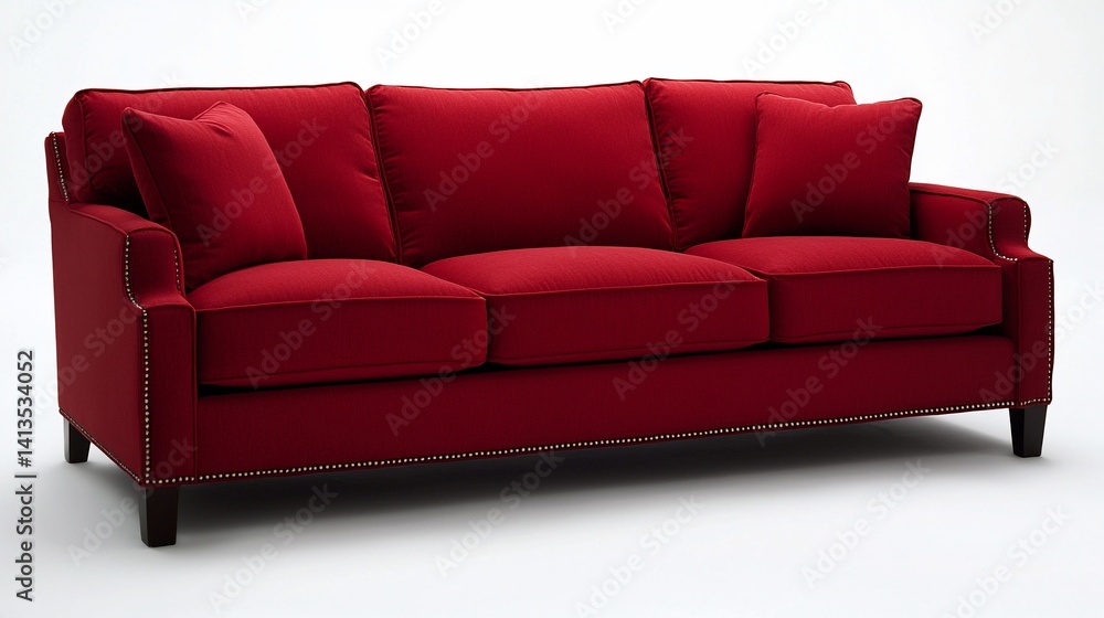 Fototapeta premium Luxurious red fabric sofa with three cushions and armrests