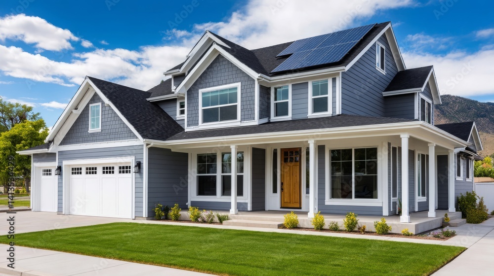 Modern Two-Story House with Solar Panels and Green Lawn Modern Two-Story House with Solar Panels and Green Lawn