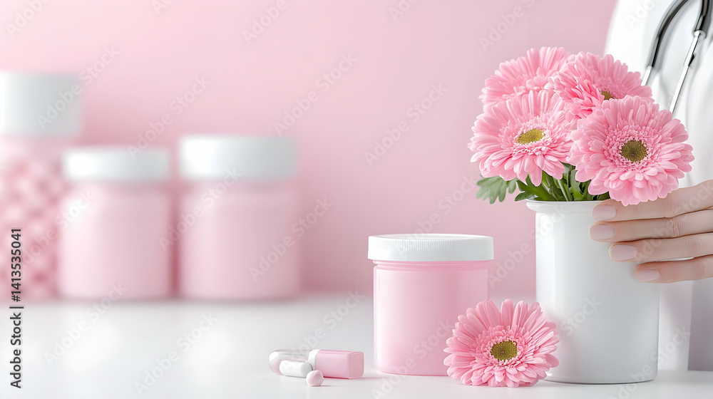 custom made wallpaper toronto digitalFeminine health supplements and flowers. A doctor holds a vase of pink flowers. Pink containers with pills and supplements are displayed on a white table