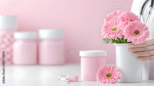 Wallpaper Mural Feminine health supplements and flowers. A doctor holds a vase of pink flowers. Pink containers with pills and supplements are displayed on a white table Torontodigital.ca