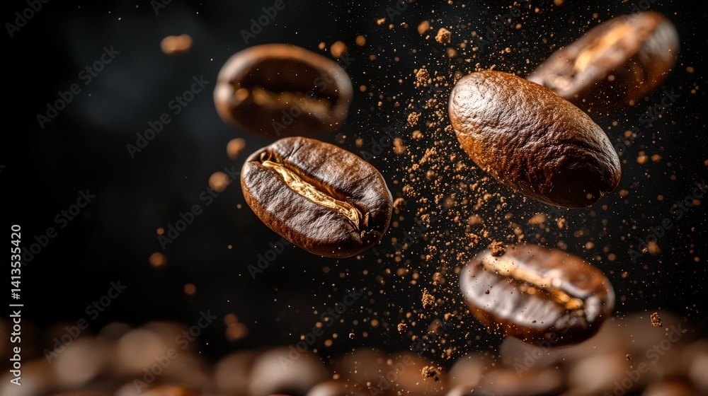 Flying Roasted Arabica and Robusta Coffee Beans Create a Dynamic Visual Effect Against Dark Background Flying Roasted Arabica and Robusta Coffee Beans Create a Dynamic Visual Effect Against Dark Background