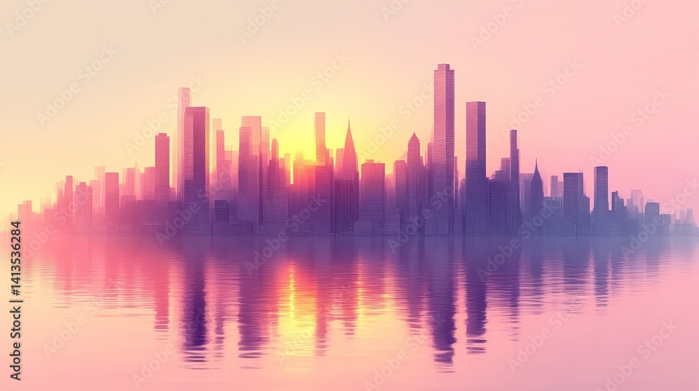 Fototapeta premium Sunset Reflections Over a Modern Cityscape with Futuristic Skyscrapers and Calm Waters