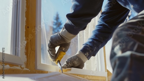 Construction worker sealing windows and doors for insulation. Featuring attention to detail and protection