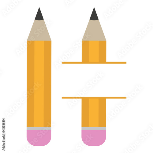 Split pencil parts. Full and half. Vector yellow illustration. Eraser and tip.