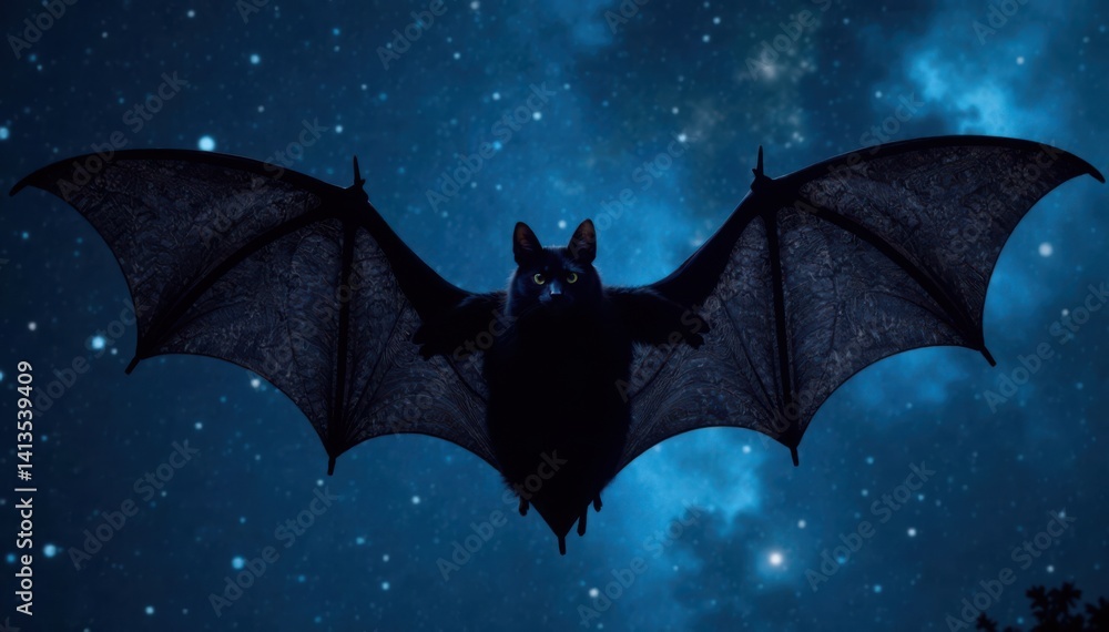 Naklejka premium Dark wings spread wide over midnight sky with textured bat silhouette against starry background, fantasy, black bat