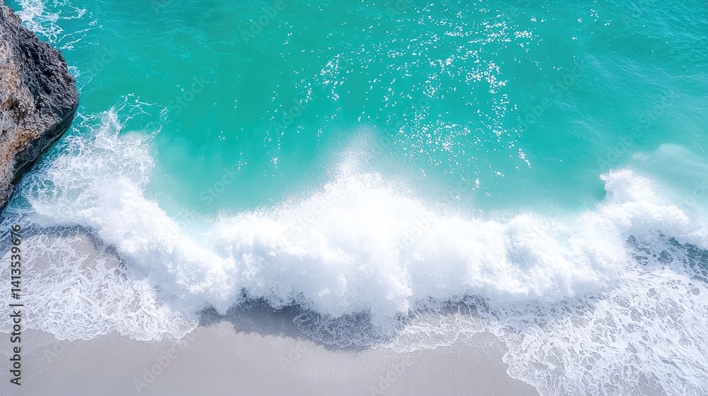 Fototapeta premium Serene ocean wave crashing on sandy shore peaceful coastal scene turquoise water white foam