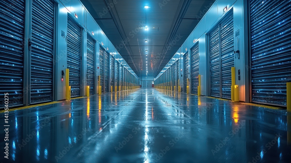 Modern storage facility corridor with rows of metal doors and reflective floor. Modern storage facility corridor with rows of metal doors and reflective floor.