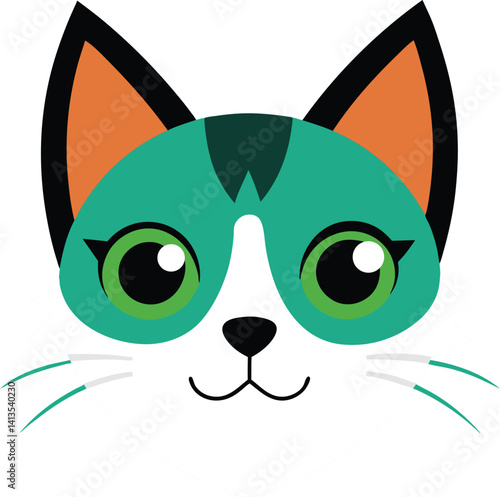 Stylized Cat Portrait in Black and White with Green Eyeliner and Cute Features.