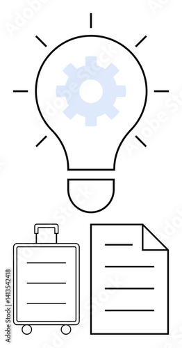 Light bulb with gear representing ideas, suitcase symbolizing business, document for planning or strategy. Ideal for innovation, business growth, entrepreneurship, travel, organization, planning