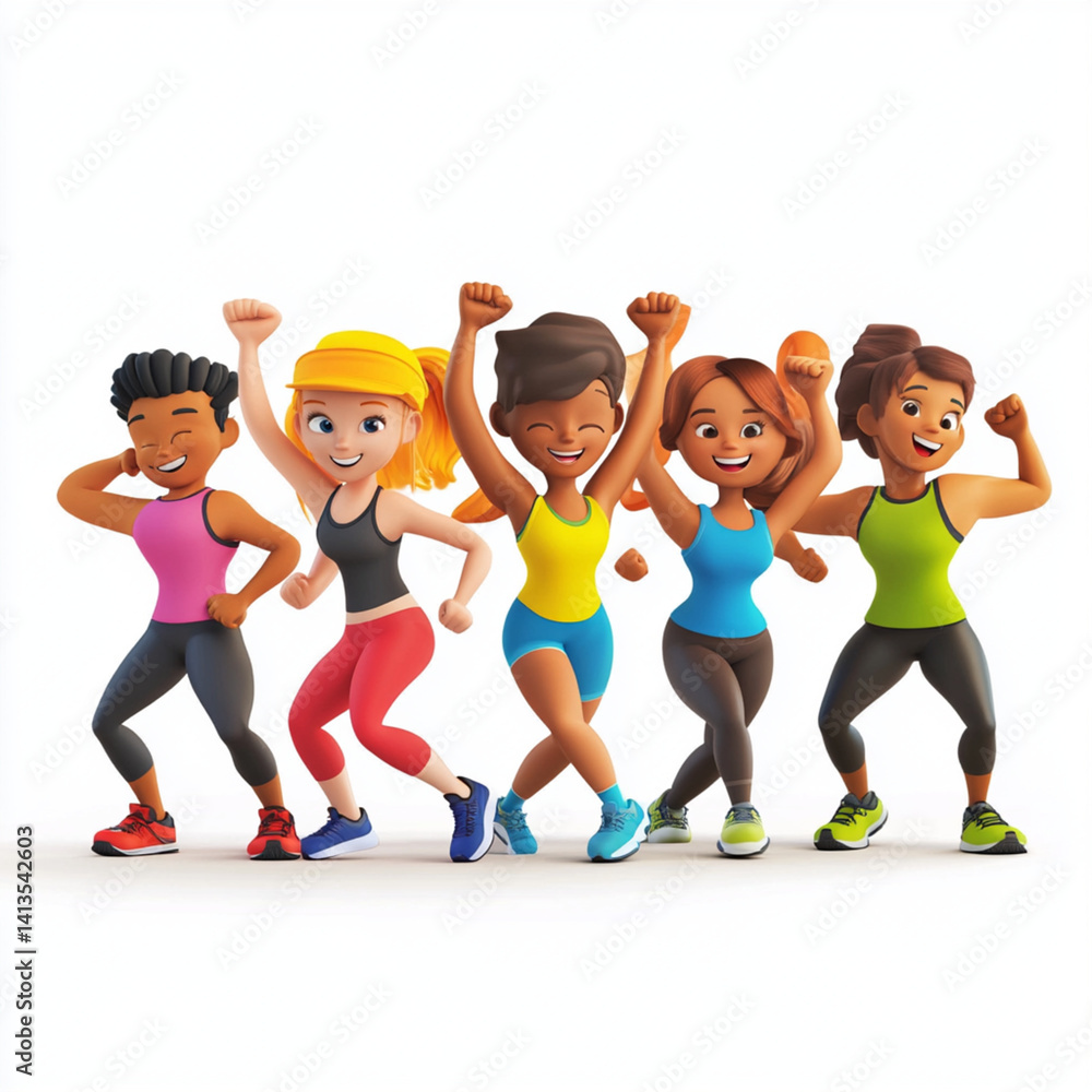 Obraz premium A group of five smiling cartoon women are exercising together, with their arms raised in the air as they wear colorful athletic clothing.