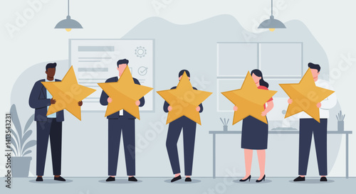 Flat Illustration Vector People Holding Stars Giving Positive Feedback or Rating