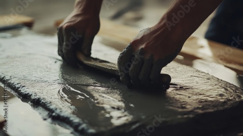 Construction worker smoothing wet cement with a trowel. Featuring cement finishing and surface smoothing