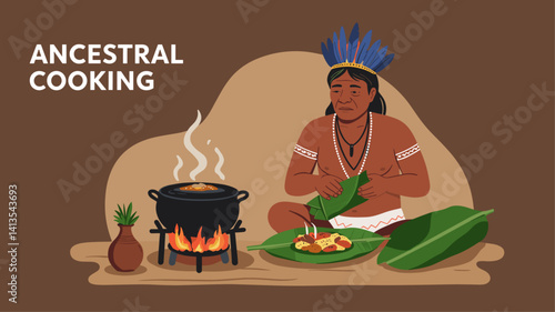 Ancestral Cooking: Indigenous Man Preparing Traditional Food over Fire
