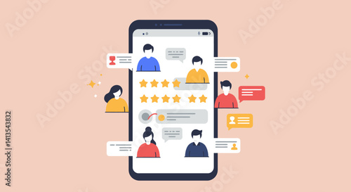 Flat Illustration Vector Checking Customer Feedback on Mobile Phone with Star Ratings