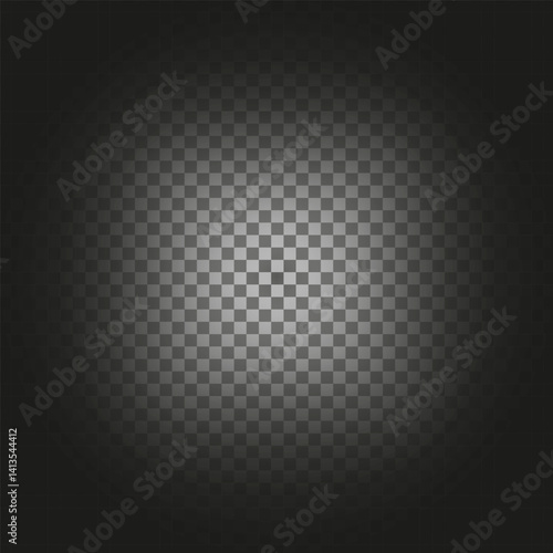 Radial checker gradient. Central light pattern. Dark edge texture. Vector fade shape.