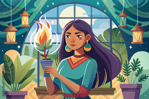 vector of The young woman is holding a smoked smudge in her hand and wants to disinfect the environment of the house