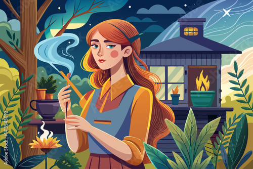vector of The young woman is holding a smoked smudge in her hand and wants to disinfect the environment of the house