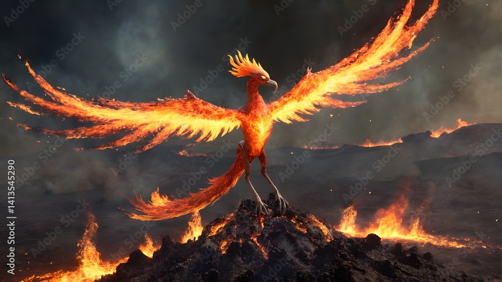 Digital Rendering of a Phoenix on Volcanic Rock