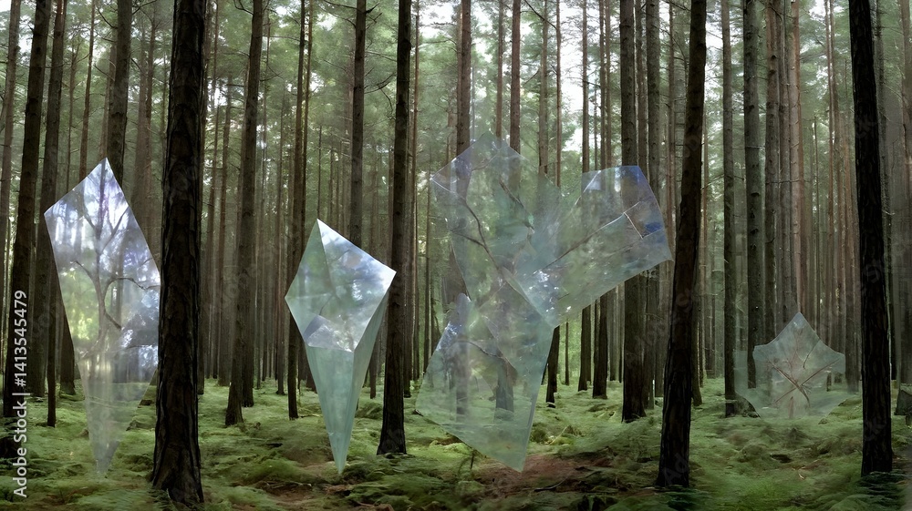 Translucent Geometric Forms in a Pine Forest