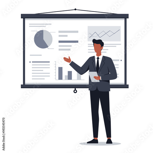 Flat Illustration Vector Presenting Business Data Man Giving Presentation on Charts