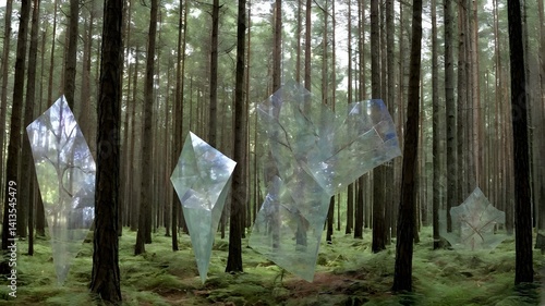 Obraz na płótnie Translucent Geometric Forms in a Pine Forest w salonie