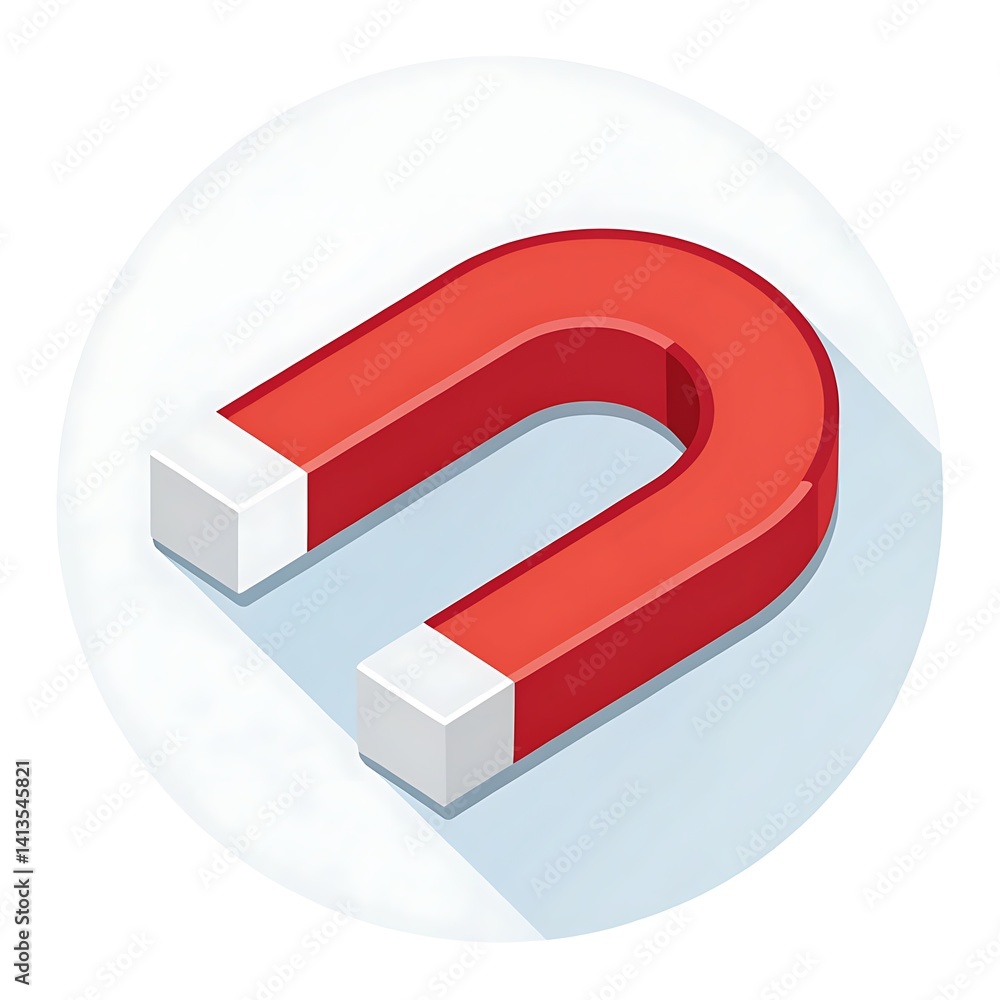 Isometric illustration of a red horseshoe magnet with white tips on a white and blue background Isometric illustration of a red horseshoe magnet with white tips on a white and blue background