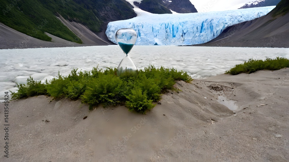 Hourglass, Glacier, and Vegetation at Glacial Lake
