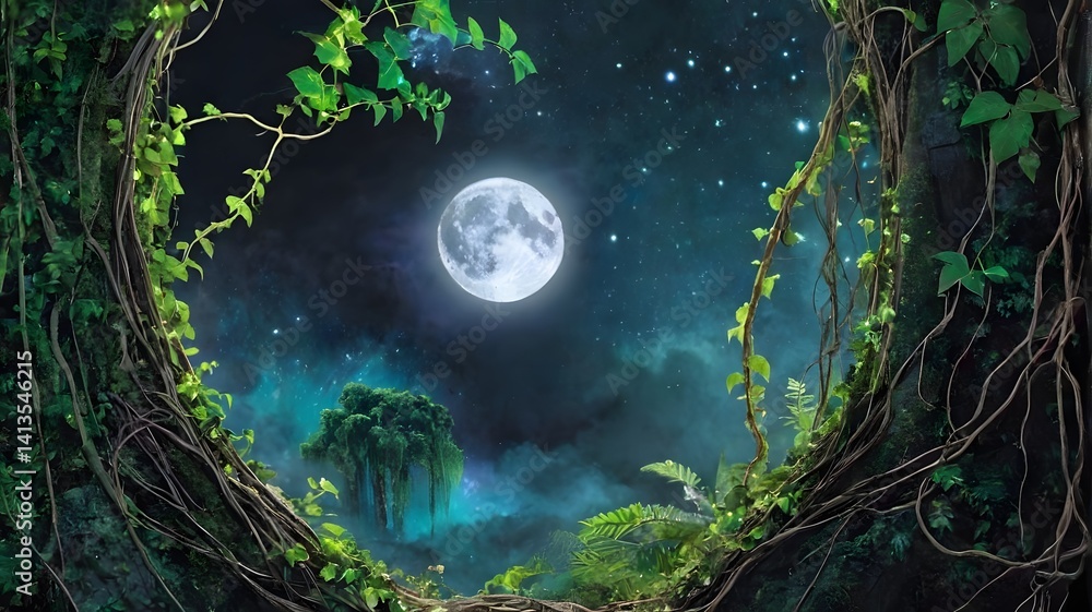 Full Moon over Misty Forest Viewed Through Vines