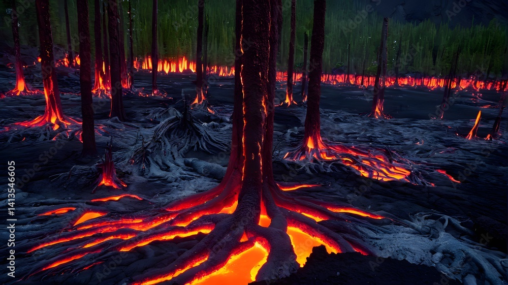 Lava Flow Through Charred Forest
