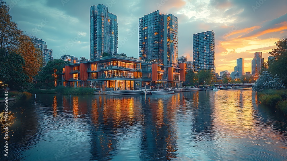Fototapeta premium Modern Cityscape Reflecting In Tranquil Waters During Scenic Sunset A Stunning Photo