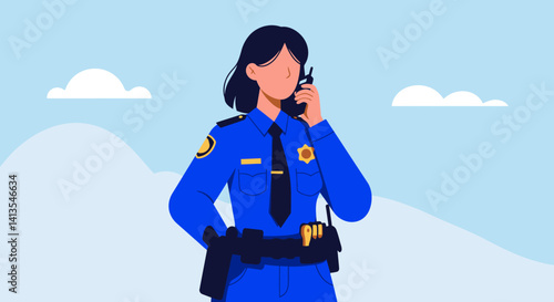 Flat Illustration Vector Woman Officer Speaking on Radio Communication Device