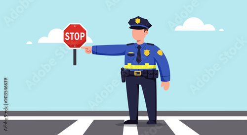 Flat Illustration Vector Officer Directing Traffic at Crosswalk with Stop Sign Illustration