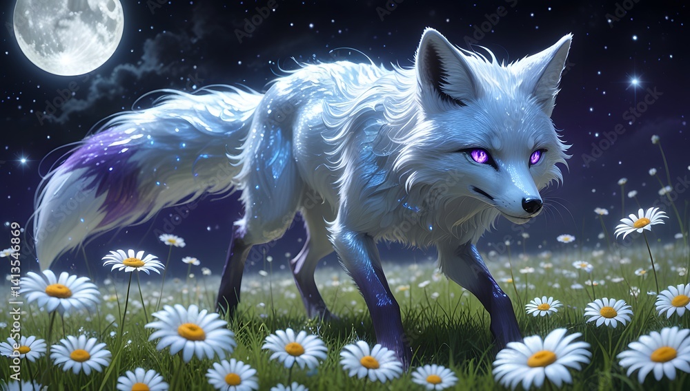 White Fox in Daisy Field at Night