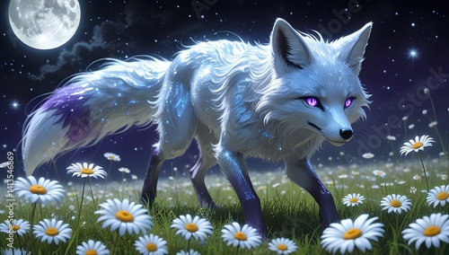 Obraz na płótnie White Fox in Daisy Field at Night w salonie