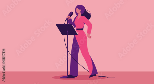 Flat Illustration Vector Woman Singing into Microphone at Stand in Pink Studio