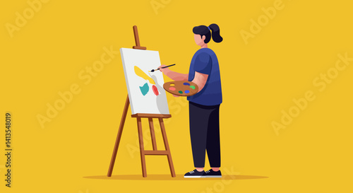 Flat Illustration Vector Woman Painting on Easel with Brush and Palette Illustration