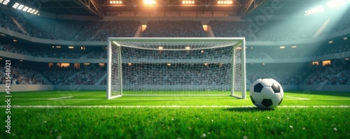 Minimalist soccer field background with empty goal net and ball , stadium, goal