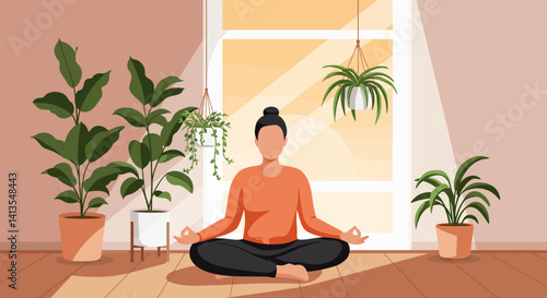 Flat Illustration Vector Woman Meditating at Home with Houseplants Illustration