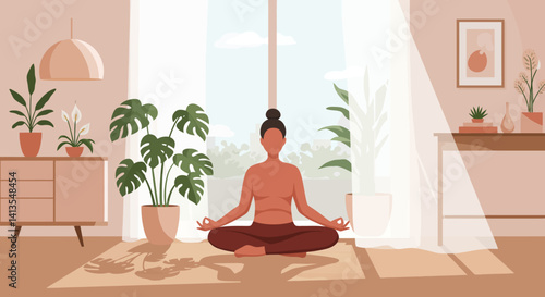 Flat Illustration Vector Woman Meditating at Home with Potted Plants in a Serene Room