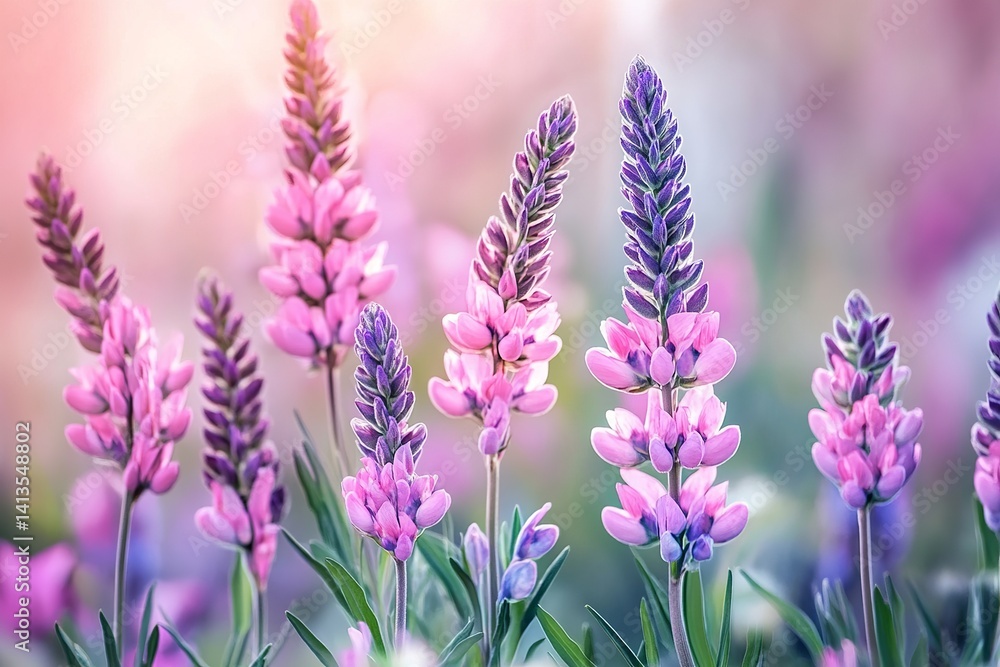Fototapeta premium Close up of pink and purple lupine flowers in a field with a blurred background in the sunlight