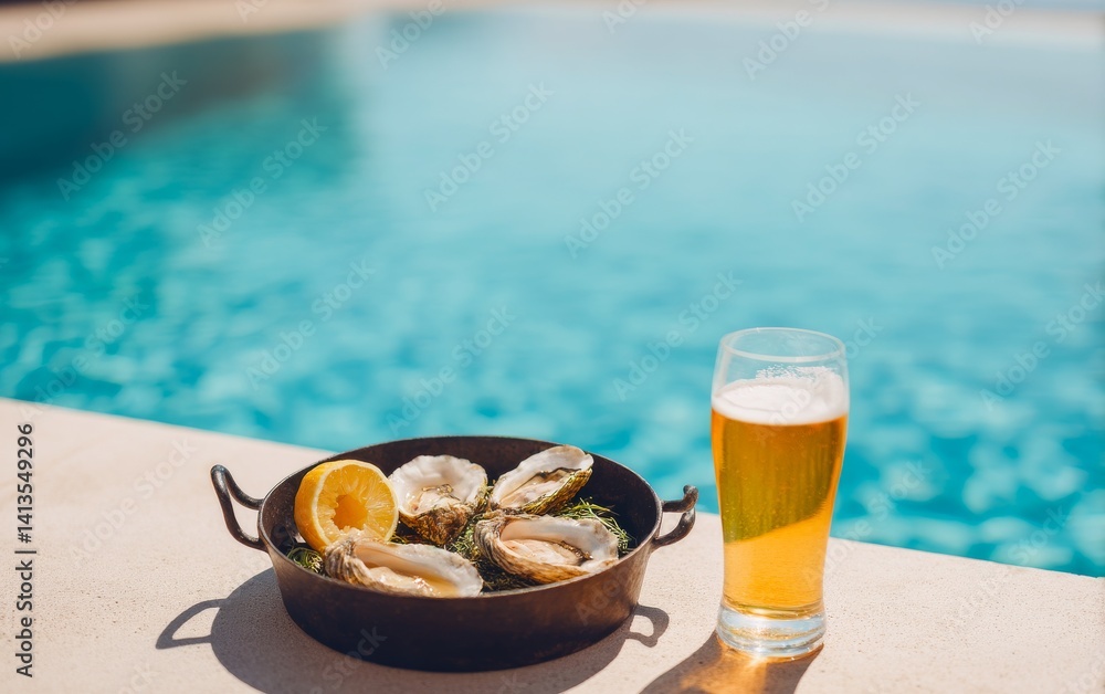 Fresh Oysters on Half Shell Served with Lemon Slice and Beer Near Swimming Pool in Summer