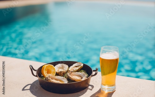 Obraz na płótnie Fresh Oysters on Half Shell Served with Lemon Slice and Beer Near Swimming Pool in Summer w salonie