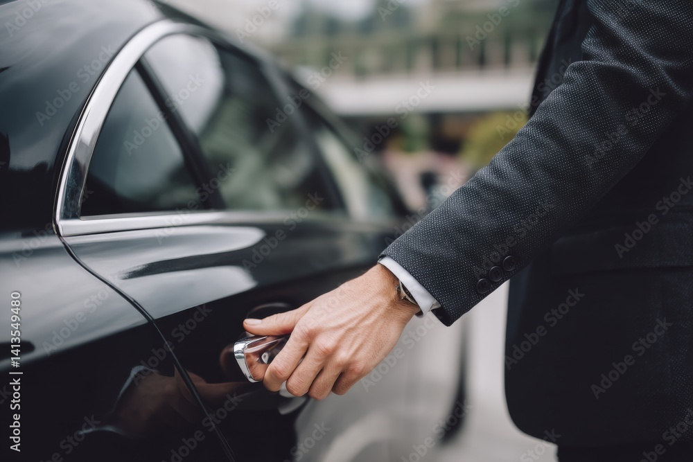 Male Chauffeur Opening Sleek Car Door in Urban Setting with Professional Attire