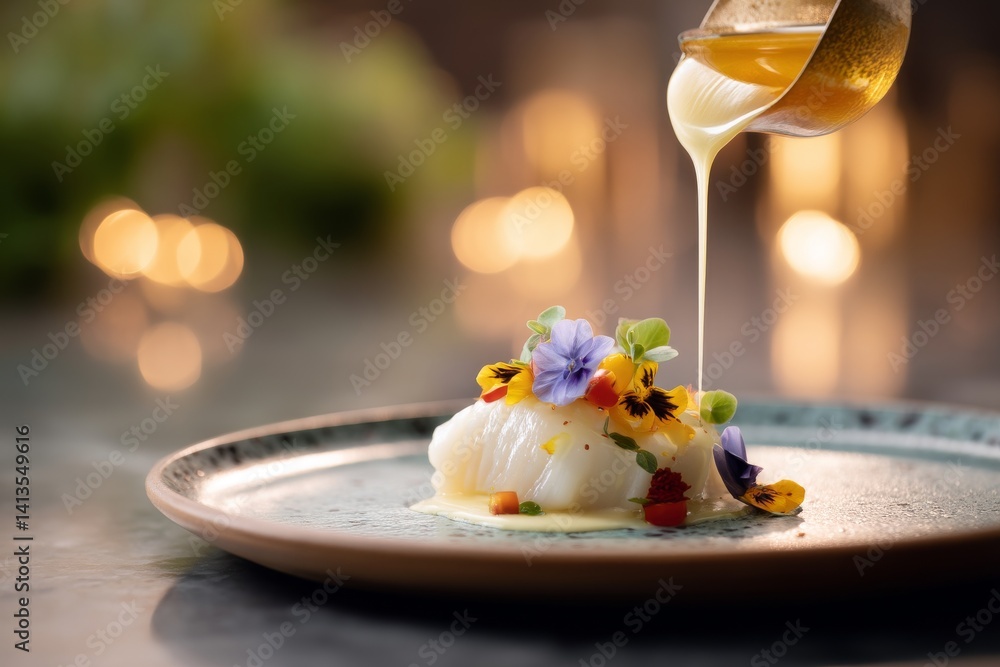 Elegant Fine Dining Dish with Fresh Ingredients and Plated Garnishes in Upscale Venue
