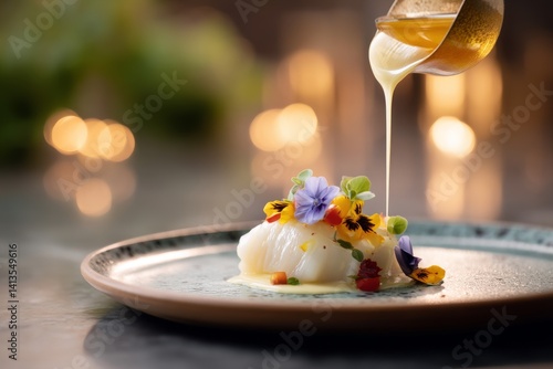 Obraz na płótnie Elegant Fine Dining Dish with Fresh Ingredients and Plated Garnishes in Upscale Venue w salonie